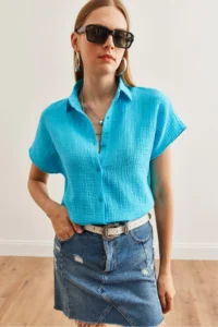 Olalook Women's Sky Blue Bat Basic Muslin Shirt - Image 5