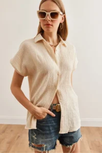 Olalook Women Stone Yarasa Basic Muslin Shirt