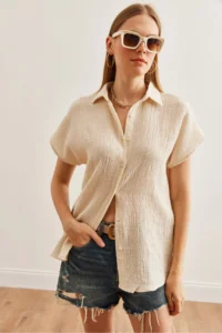 Olalook Women Stone Yarasa Basic Muslin Shirt - Image 4