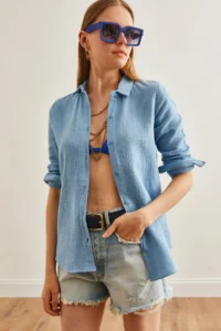 Olalook Women Bebe Blue Basic Muslin Shirt