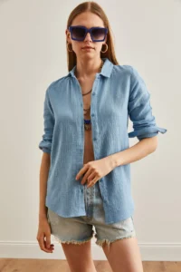 Olalook Women Bebe Blue Basic Muslin Shirt - Image 2