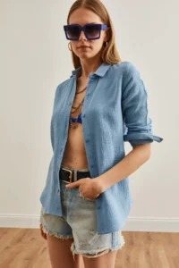 Olalook Women Bebe Blue Basic Muslin Shirt - Image 3