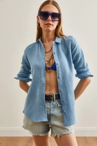 Olalook Women Bebe Blue Basic Muslin Shirt - Image 4