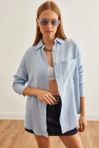 Olalook Women's Ice Blue Oversize Basic Muslin Shirt