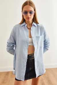 Olalook Women's Ice Blue Oversize Basic Muslin Shirt - Image 3
