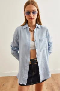 Olalook Women's Ice Blue Oversize Basic Muslin Shirt - Image 4