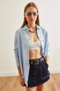 Olalook Women's Ice Blue Oversize Basic Muslin Shirt - Image 5