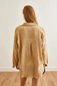 Olalook Women's Camel Oversize Basic Muslin Shirt - Image 2