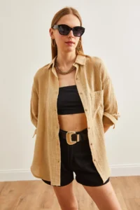 Olalook Women's Camel Oversize Basic Muslin Shirt - Image 3