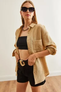 Olalook Women's Camel Oversize Basic Muslin Shirt - Image 6