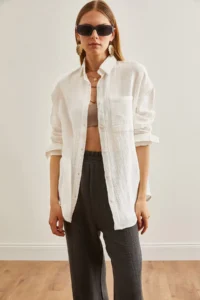 Olalook Women's Ecru Oversize Basic Muslin Shirt - Image 2