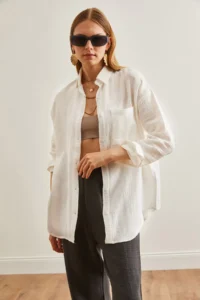 Olalook Women's Ecru Oversize Basic Muslin Shirt - Image 3