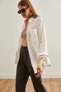 Olalook Women's Ecru Oversize Basic Muslin Shirt - Image 4