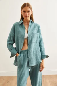 Olalook Women's Mint Green Oversize Basic Muslin Shirt - Image 2