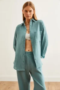 Olalook Women's Mint Green Oversize Basic Muslin Shirt - Image 5