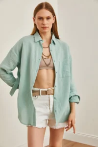 Olalook Women's Green Oversize Basic Muslin Shirt - Image 2