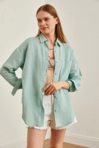 Olalook Women's Green Oversize Basic Muslin Shirt - Image 3