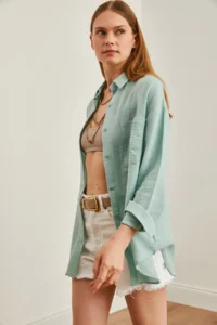 Olalook Women's Green Oversize Basic Muslin Shirt - Image 4