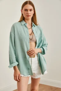 Olalook Women's Green Oversize Basic Muslin Shirt - Image 5