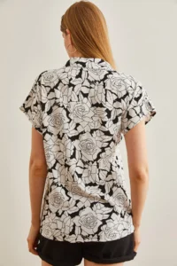 Olalook Women's White Black Rose Patterned Loose Bat Shirt - Image 2