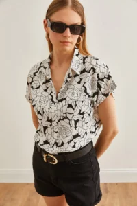 Olalook Women's White Black Rose Patterned Loose Bat Shirt - Image 3