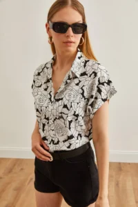 Olalook Women's White Black Rose Patterned Loose Bat Shirt - Image 4