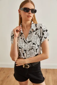 Olalook Women's White Black Rose Patterned Loose Bat Shirt - Image 5