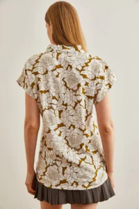 Olalook Women's White Oil Green Rose Patterned Loose Bat Shirt - Image 2