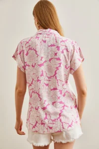Olalook Women's White Pink Rose Patterned Flowy Bat Shirt - Image 2