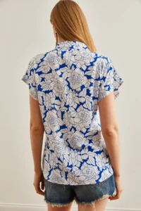 Olalook Women's White Saks Blue Rose Patterned Loose Bat Shirt - Image 2