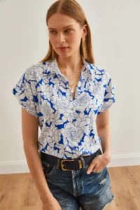 Olalook Women's White Saks Blue Rose Patterned Loose Bat Shirt - Image 3