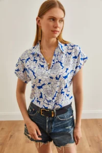 Olalook Women's White Saks Blue Rose Patterned Loose Bat Shirt - Image 4