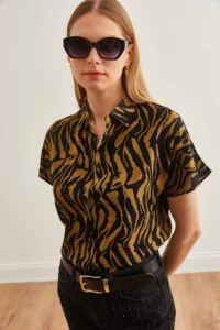 Olalook Women's Leopard Mink Animal Print Draped Bat Viscose Shirt