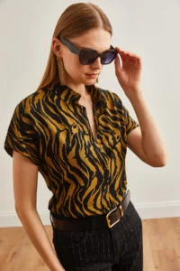 Olalook Women's Leopard Mink Animal Print Draped Bat Viscose Shirt - Image 4