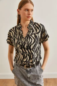 Olalook Women's Leopard Stone Animal Print Flowy Bat Viscose Shirt