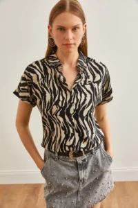 Olalook Women's Leopard Stone Animal Print Flowy Bat Viscose Shirt - Image 3