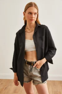 Olalook Women's Black Single Pocket Oversize Woven Shirt - Image 3