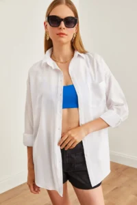Olalook Women's White Single Pocket Oversize Woven Shirt