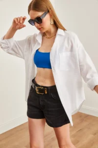 Olalook Women's White Single Pocket Oversize Woven Shirt - Image 3
