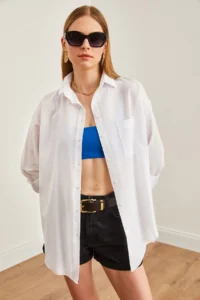 Olalook Women's White Single Pocket Oversize Woven Shirt - Image 4