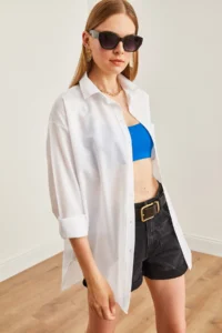 Olalook Women's White Single Pocket Oversize Woven Shirt - Image 5