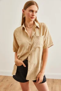 Olalook Women's Beige Single Pocket Striped Loose Shirt - Image 2