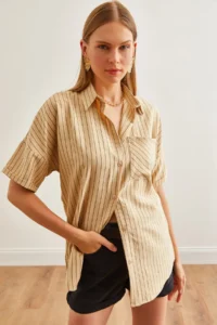 Olalook Women's Beige Single Pocket Striped Loose Shirt - Image 3