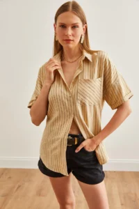 Olalook Women's Beige Single Pocket Striped Loose Shirt - Image 4