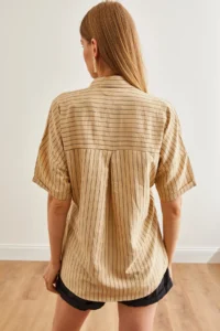 Olalook Women's Beige Single Pocket Striped Loose Shirt - Image 5