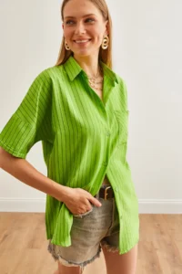 Olalook Women's Pistachio Green Single Pocket Striped Loose Shirt
