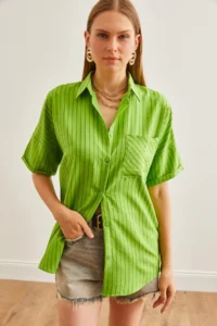 Olalook Women's Pistachio Green Single Pocket Striped Loose Shirt - Image 2