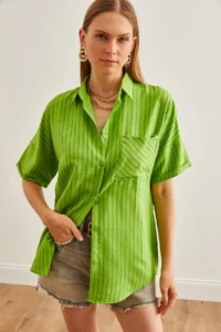Olalook Women's Pistachio Green Single Pocket Striped Loose Shirt - Image 3