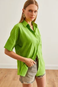 Olalook Women's Pistachio Green Single Pocket Striped Loose Shirt - Image 4