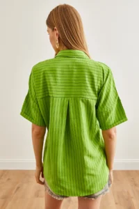 Olalook Women's Pistachio Green Single Pocket Striped Loose Shirt - Image 5
